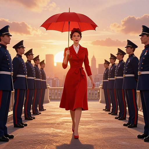Photograph of a confident woman in a red dress and heels, holding a red umbrella, walking between rows of uniformed soldiers at sunset.