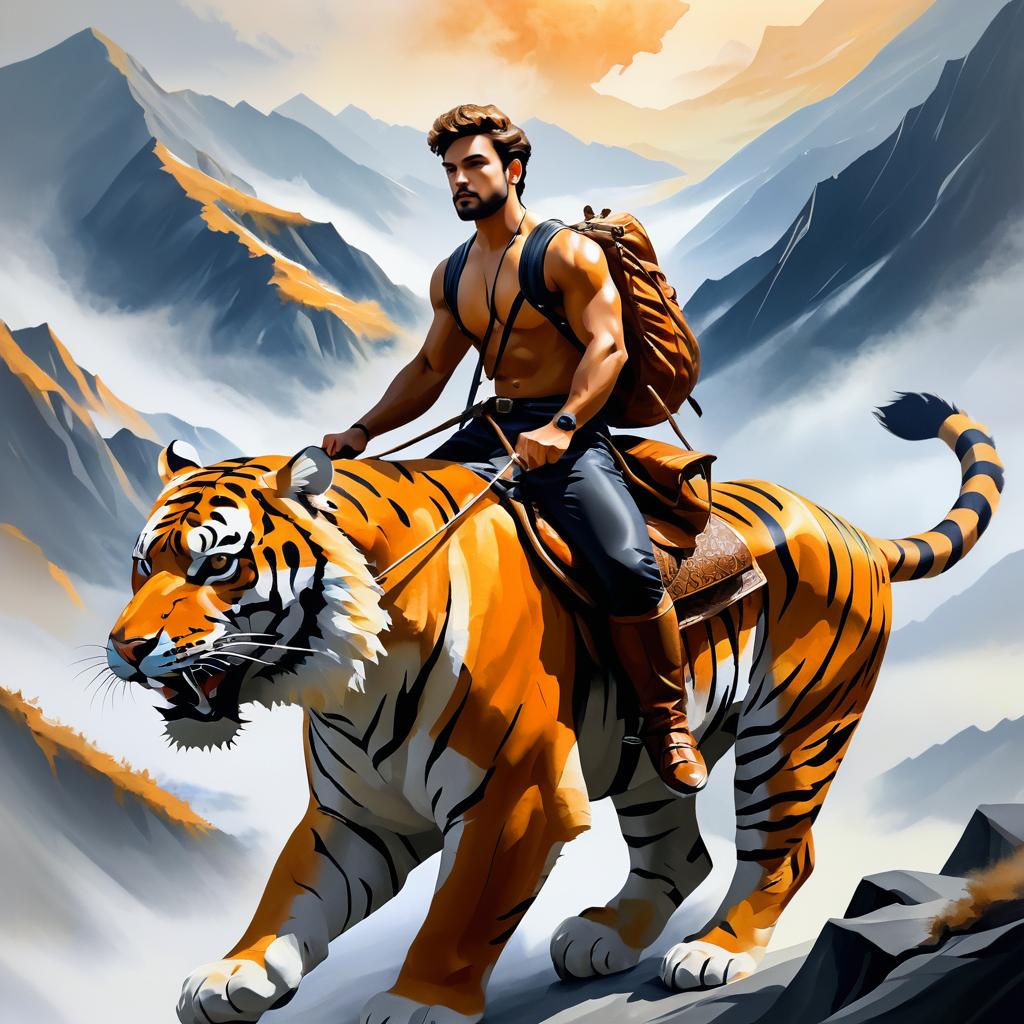 Striking Man Riding Fierce Tiger in Misty Mountains