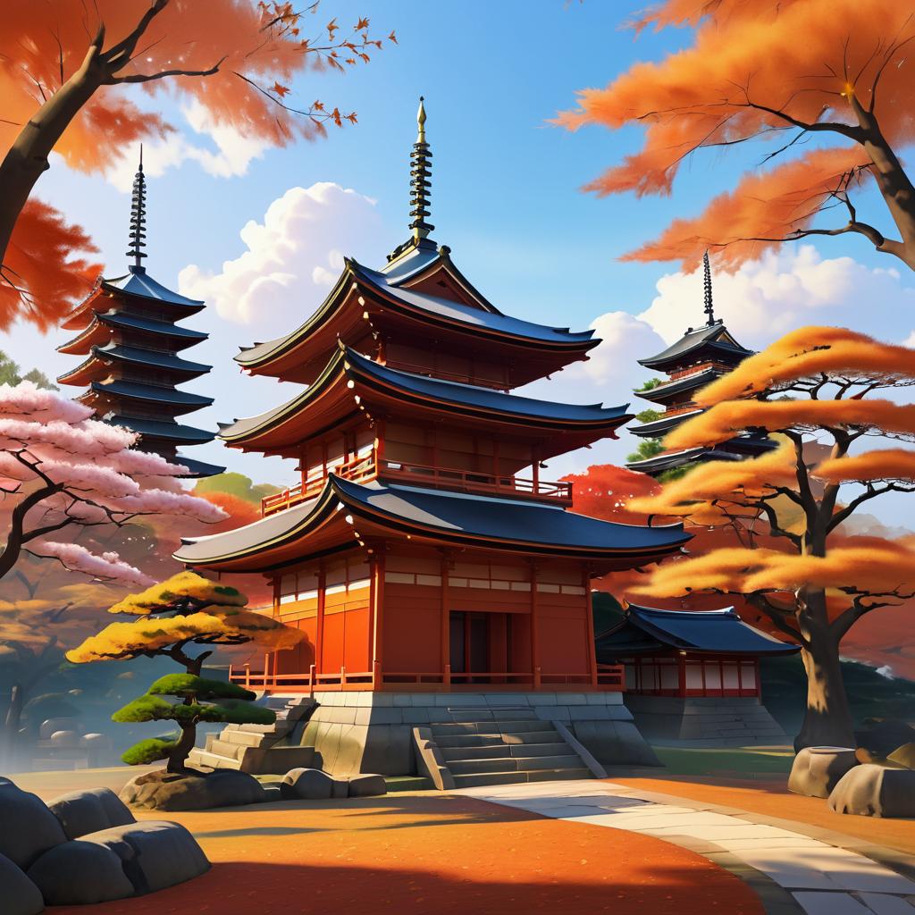 Warm Autumn Scene with Japanese Temple