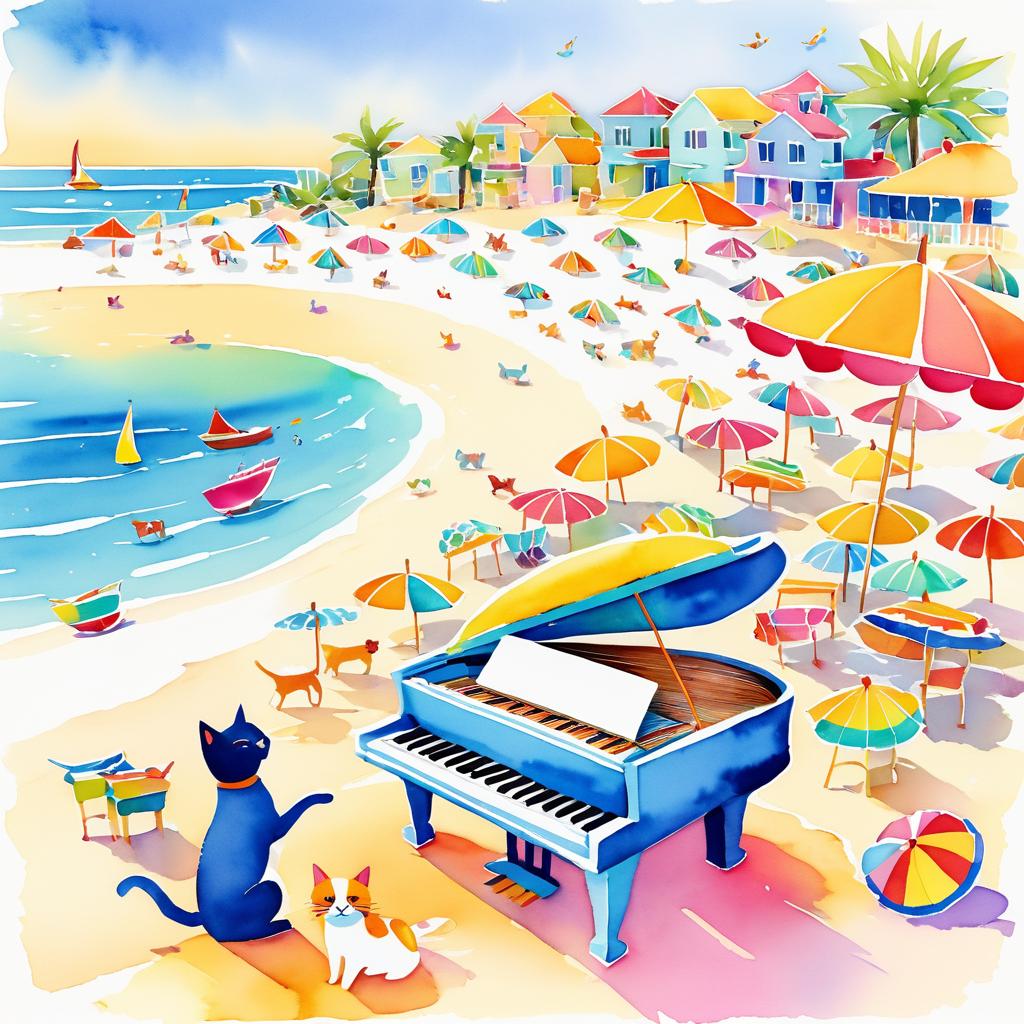 Whimsical Cat on Piano at Beach