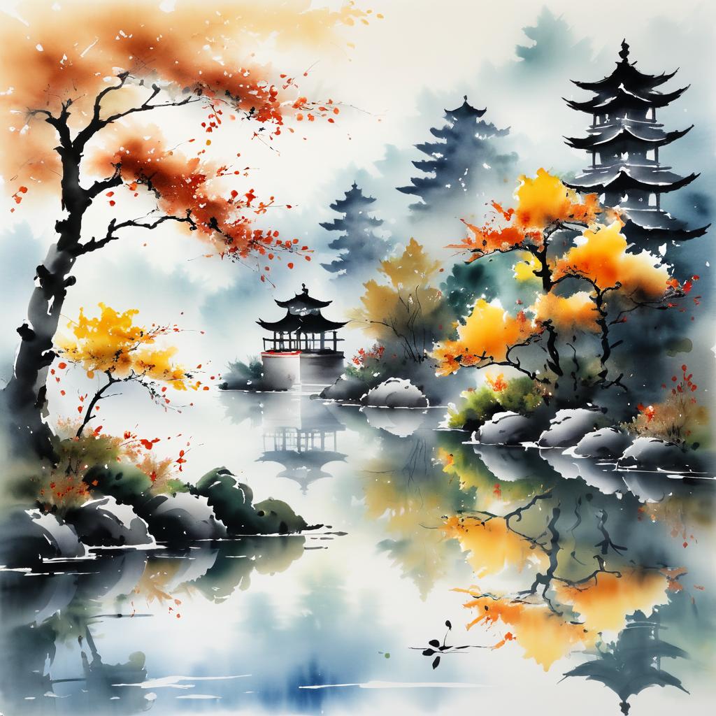 Serene Autumn Reflections in Brush Painting