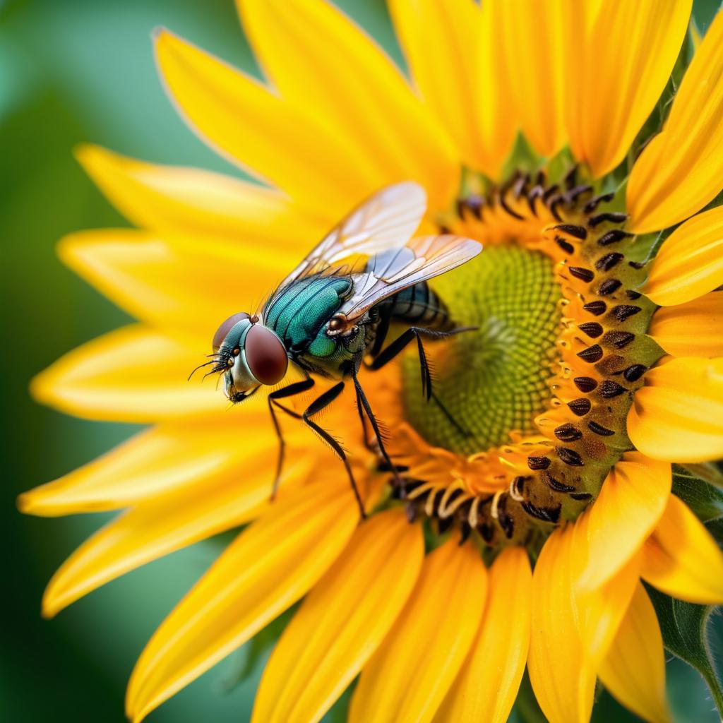 Macro Photography of Fly on Sunflower