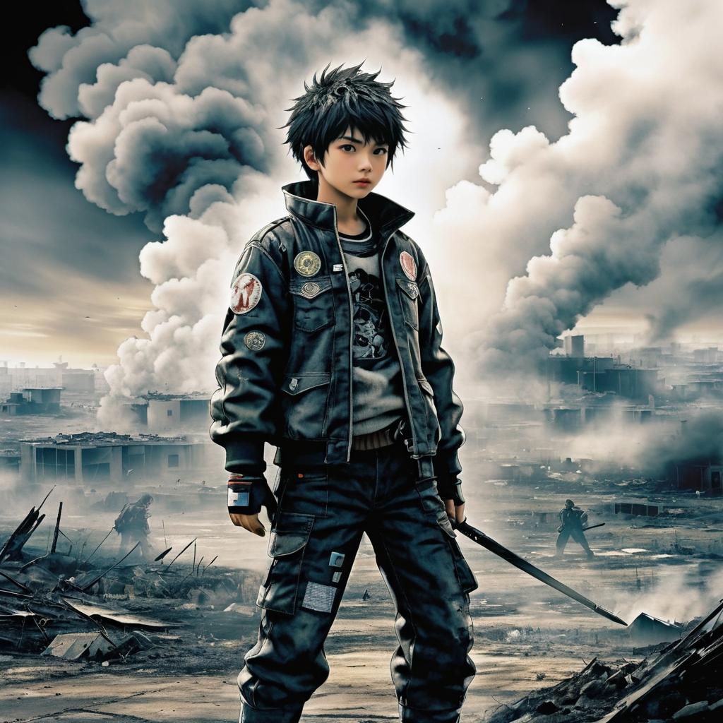 Determined Boy in War-Torn Landscape