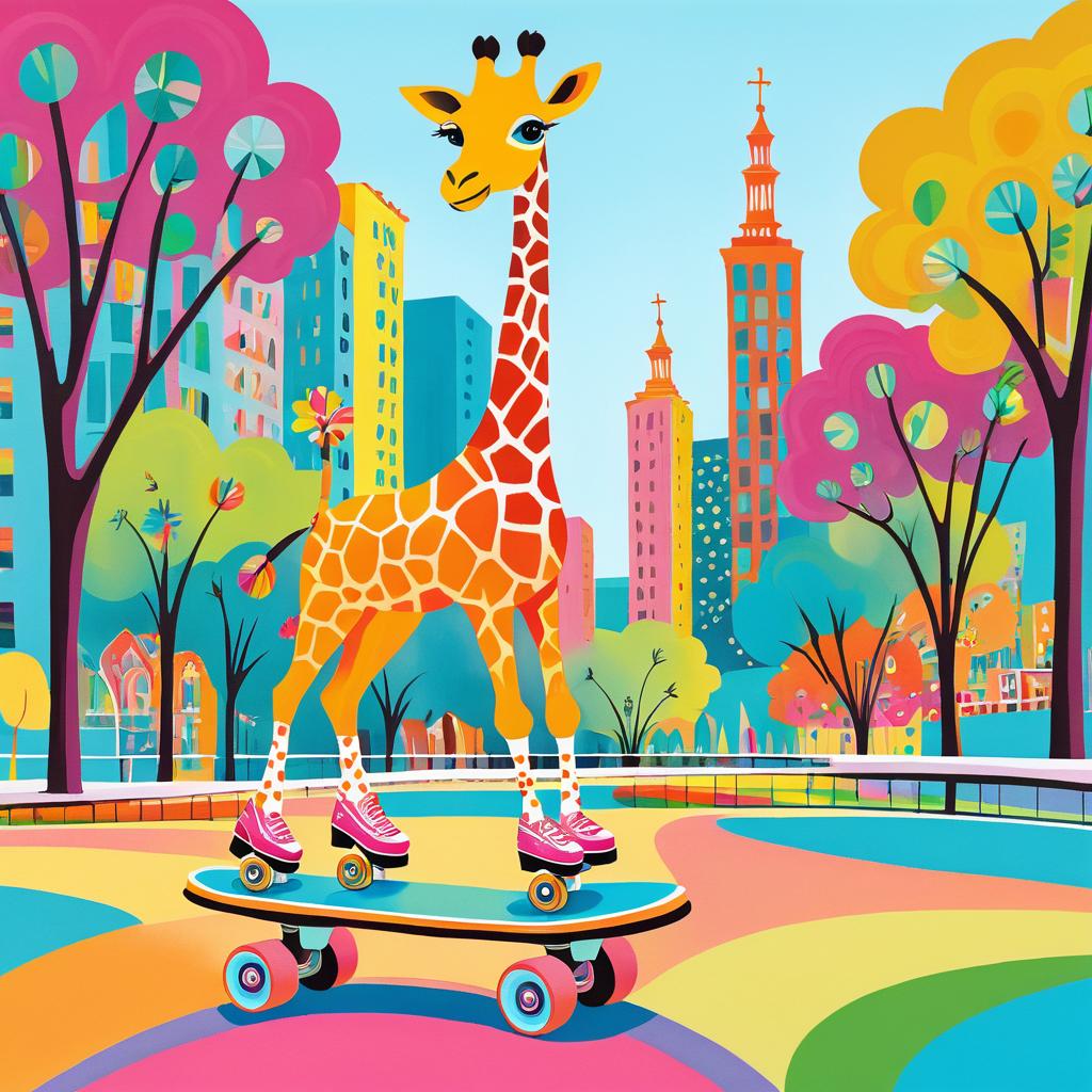 Whimsical Giraffe on Skates in Park