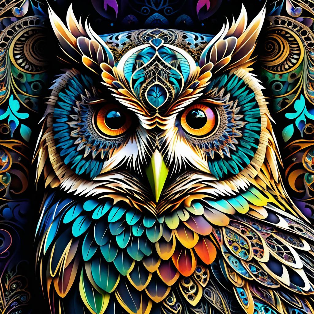 Hyper-Realistic Owl with Vibrant Fractals