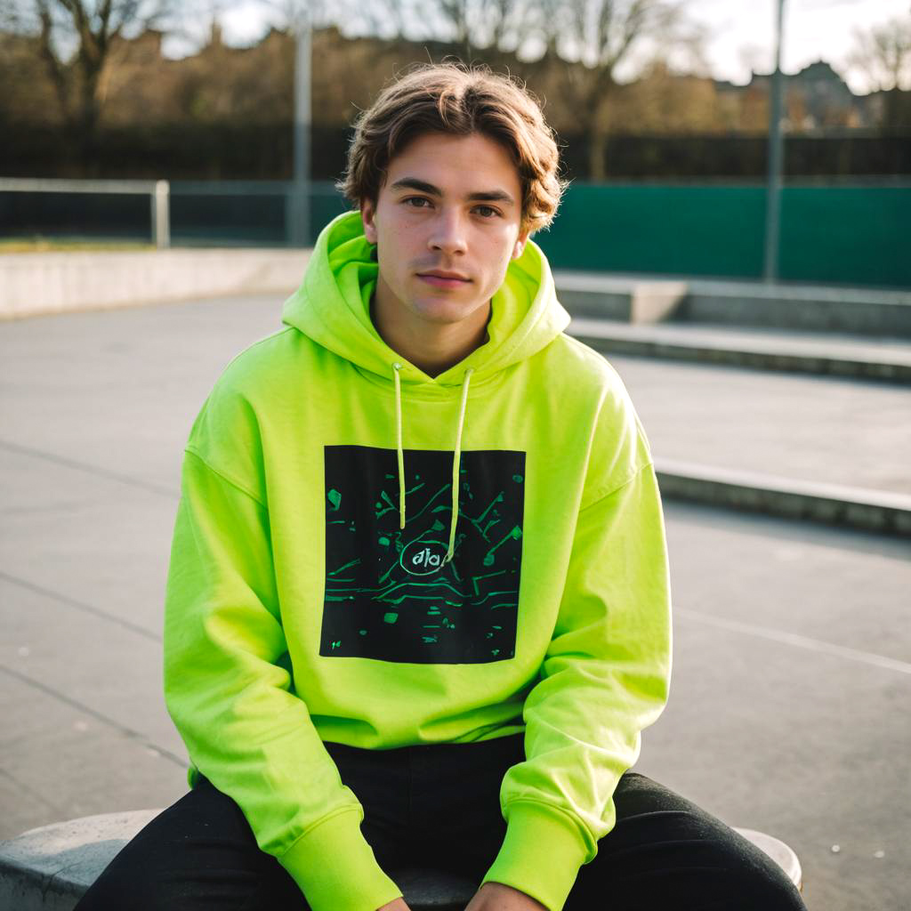 Teen Boy in Neon Hoodie at Skatepark