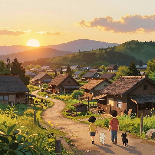 Digital anime-style illustration of two children, one in yellow shirt and shorts, the other in red, walking with a cat and dog on a sunlit