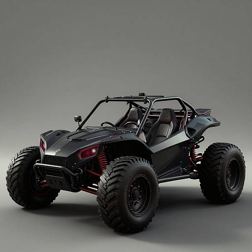 Photograph of a sleek, black, off-road buggy with large, rugged tires, exposed frame, red accents, and minimalist design, set against a