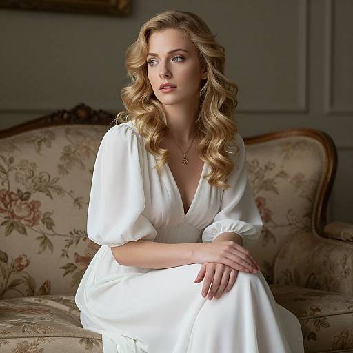 Photograph of a blonde woman with wavy hair, wearing a white, deep V-neck dress, sitting on a floral-patterned vintage sofa, g