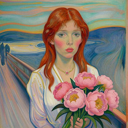 Vibrant digital painting of a red-haired woman with pink cheeks, holding pink peonies, in an impressionist style landscape with a sunset sky