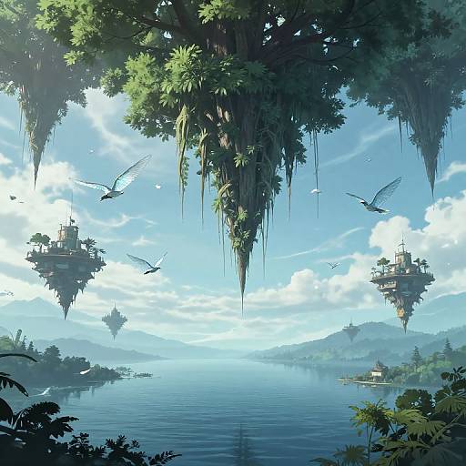 Fantasy digital painting: Floating island villages, lush hanging trees, vibrant blue sky, serene lake, birds flying, distant mountains, and tranquil water.
