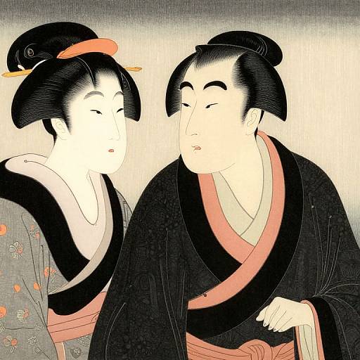 Ukiyo-e Style European and Japanese Couple