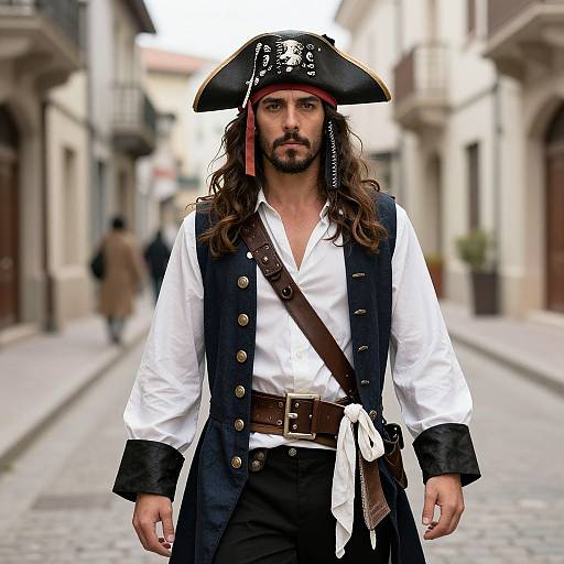 Photograph of a bearded man with long brown hair, wearing a black pirate hat, white shirt, black vest, and brown belt, standing on