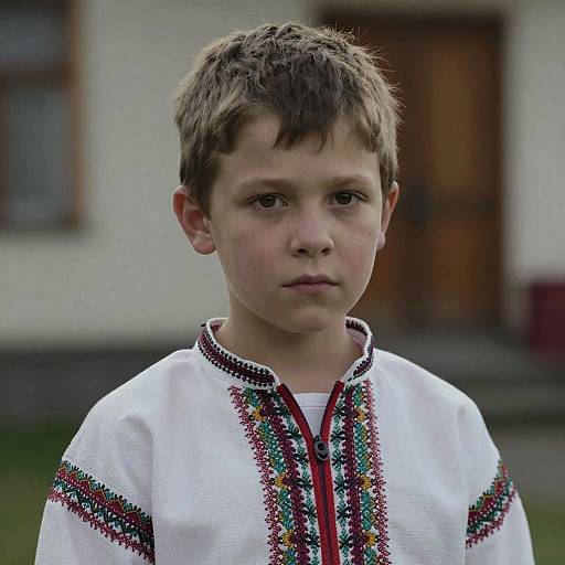 Photograph of a young boy with short brown hair, wearing a white embroidered traditional shirt, standing in front of a blurred white building.
