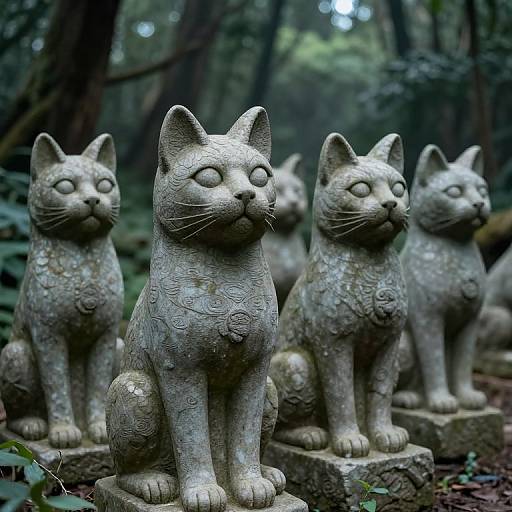 Stone Cat Statues in Forest