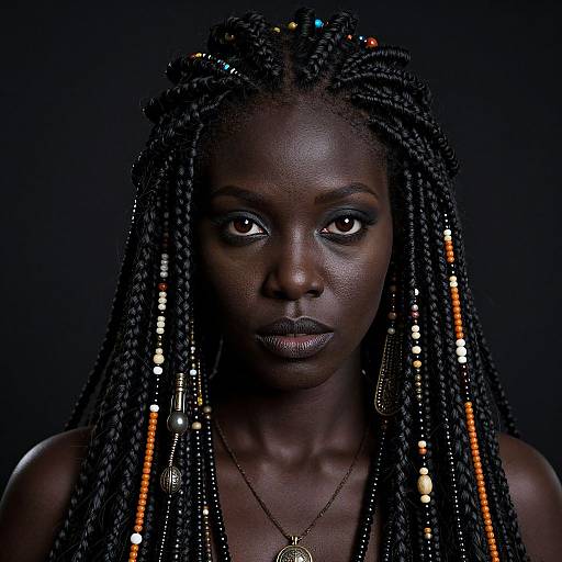 Photograph of a dark-skinned woman with long braided hair, adorned with colorful beads, wearing a necklace, against a black background.