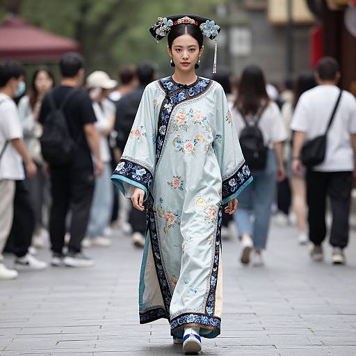 Photograph of an East Asian woman in a traditional white floral kimono with blue trim, black hair adorned with floral hairpiece, walking confidently in a