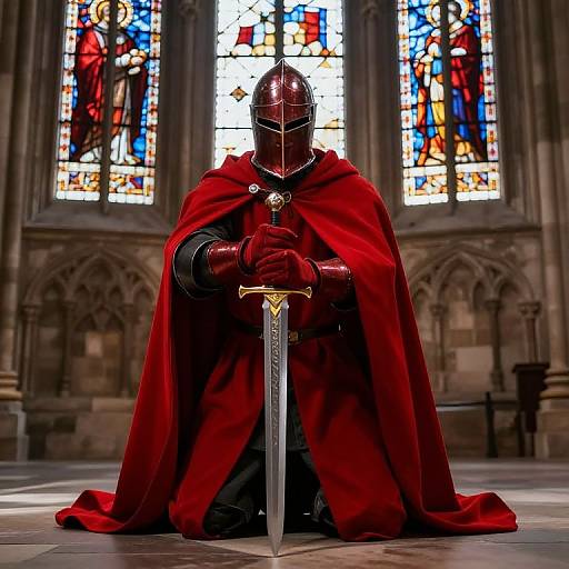 Photograph of a knight in dark helmet, red cape, and armor, kneeling with sword in a grand cathedral, stained glass windows in background.