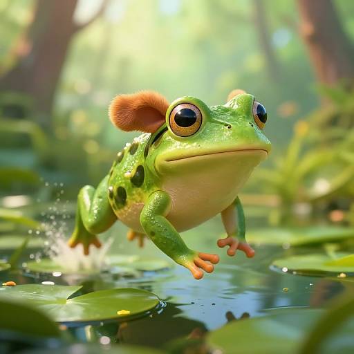 CGI image of a vibrant green frog with orange ears, large eyes, and orange toes, leaping out of a lush, sunlit pond,