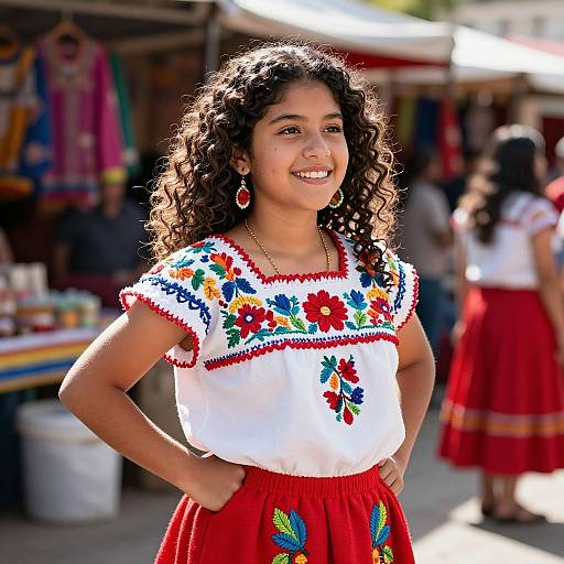 Photograph of a smiling young Latina girl with curly black hair, wearing a white embroidered blouse and red skirt, standing in a colorful outdoor market.