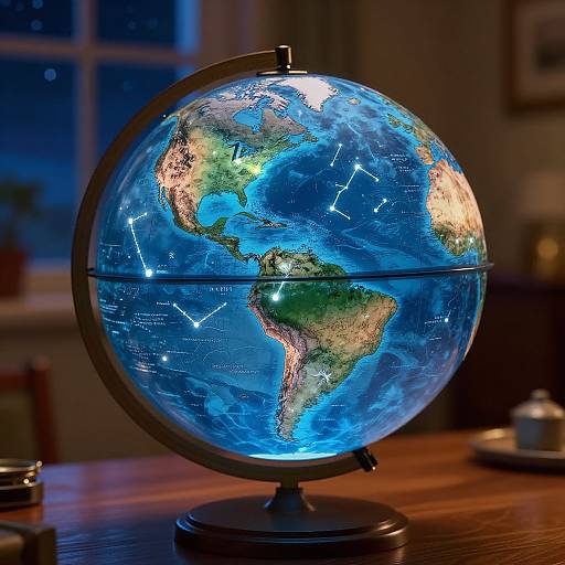 Photograph of a brightly illuminated, detailed globe on a wooden table, showing continents and constellations, with a blurred indoor background.