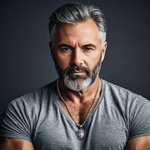 Mature Muscular Man with Gray Shirt and Necklace