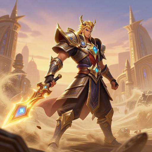 Digitally-rendered fantasy warrior with golden horns, blue gem-embellished armor, and glowing sword, stands powerfully in a sunlit,