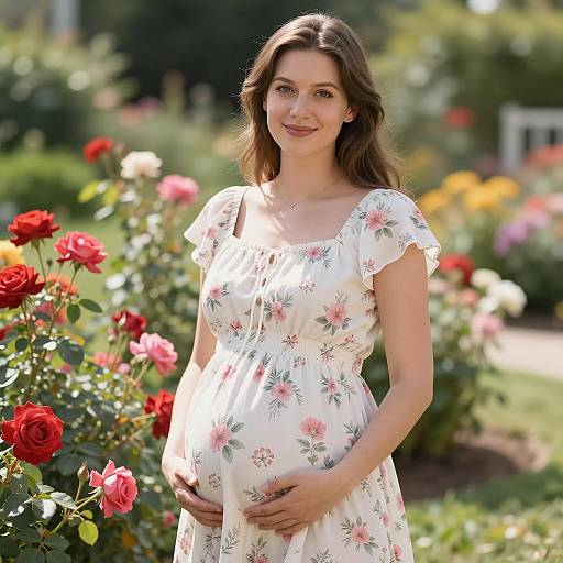 Pregnant Woman in Floral Dress in Garden