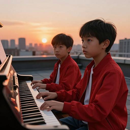 Photograph of two Asian boys in red jackets playing a piano on a rooftop at sunset, city skyline in the background.