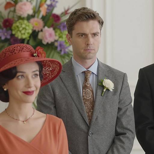 Man in Gray Suit with White Boutonnière and Woman in Red Hat