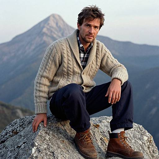 Photograph of a rugged, bearded man with tousled hair, wearing a beige knit cardigan, plaid shirt, dark jeans, and brown