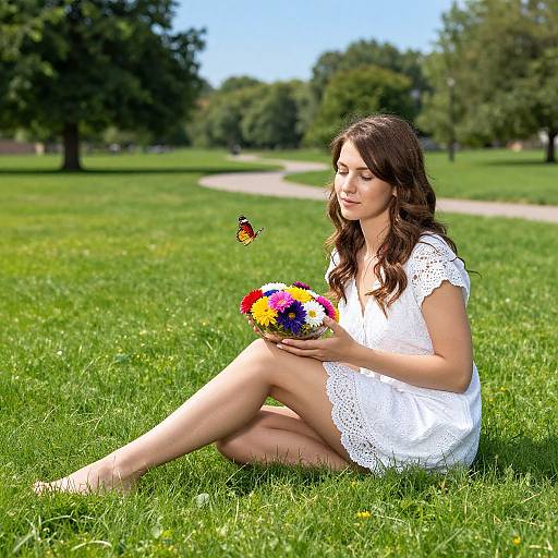 Photograph of a brunette woman in a white lace dress, sitting on green grass, holding a colorful flower bouquet, with a butterfly hovering nearby, in