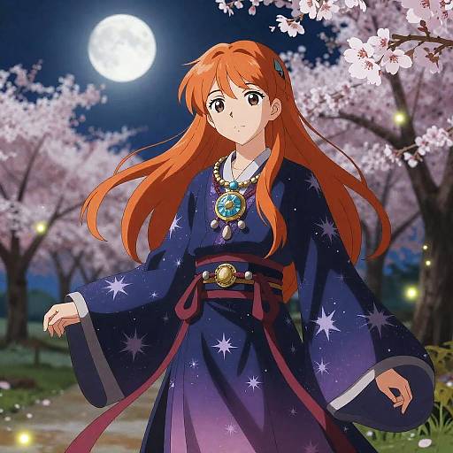 Celestial Anime Girl in Moonlit Orchard