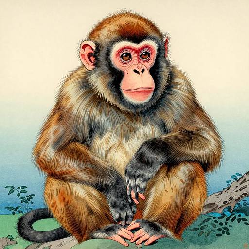 Colorful Ukiyo-e Style Fluffy Monkey Print