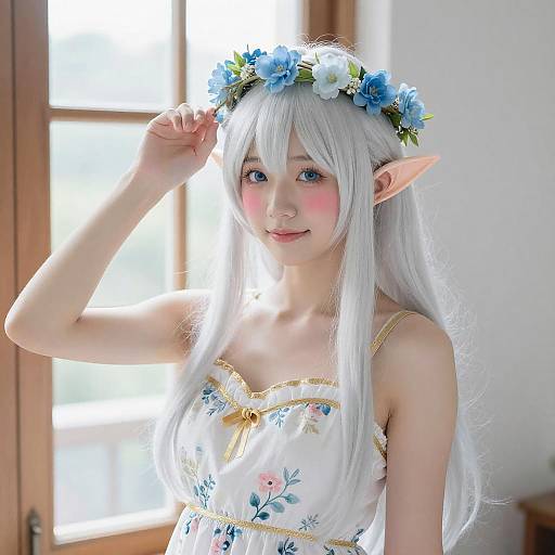 Portrait of Elf Woman with Blue Flower Crown