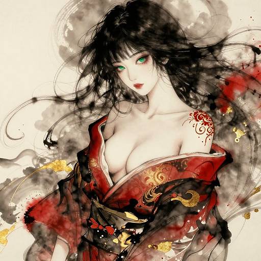 Digital illustration of a pale-skinned, green-eyed woman with black hair, revealing cleavage, wearing a red and black floral kimono, adorned with
