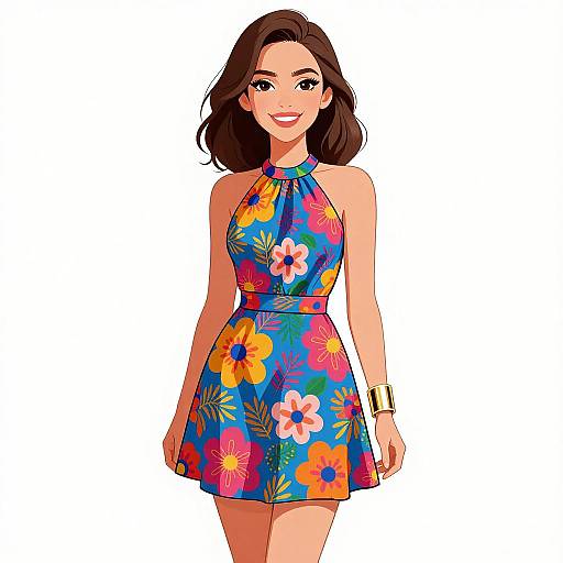Smiling Woman in Vibrant Floral Dress