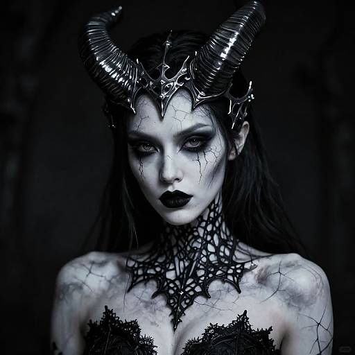 Gothic photograph of a pale woman with black lipstick, dark eyes, cracked white makeup, black lace choker, and metallic horned headpiece.
