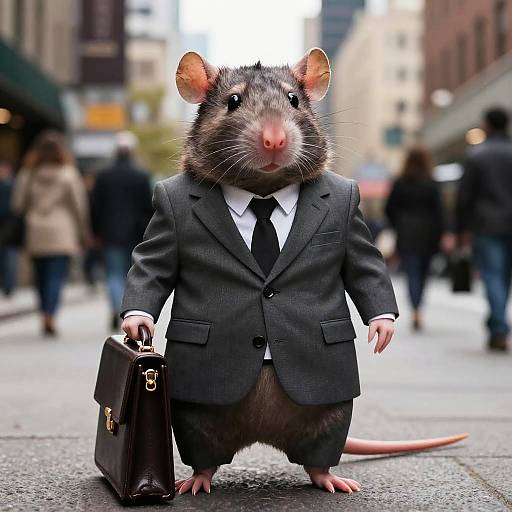 Photograph of a rat in a black suit, white shirt, black tie, and holding a briefcase, standing on a busy city street with blurred