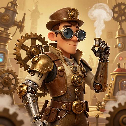Steampunk-style cartoon man with goggles, bronze armor, and mechanical arm, holding a smoking device, surrounded by gears and machinery.