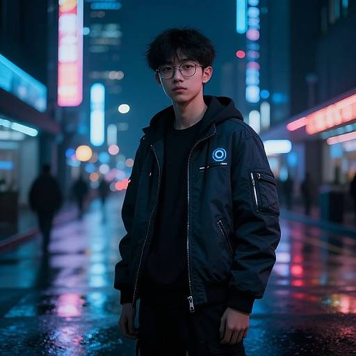 Neon-lit, rainy city street photograph of a young Asian man with glasses, black jacket, and hoodie, standing confidently, blurred colorful lights in