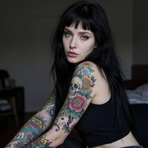 Tattooed Woman in Dimly Lit Room
