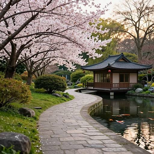 Photograph of a serene Japanese garden with a winding stone path, cherry blossom trees, a traditional wooden pavilion, and a reflective pond with koi