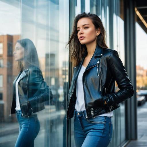 Young Woman in Leather Jacket Leaning on Glass Wall