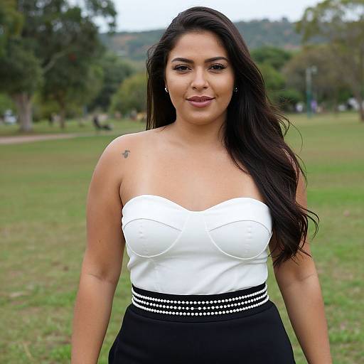 Photograph of a confident, dark-haired woman with tan skin, wearing a strapless white top and black high-waisted skirt with pearl accents,