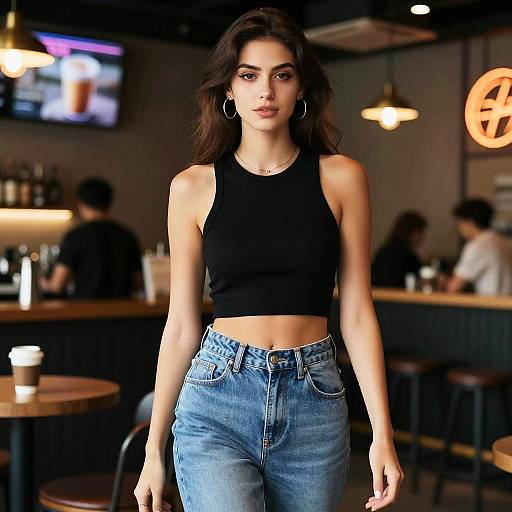 Casual Chic Woman at Neon Coffee Bar