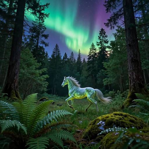 Digital artwork of a glowing white unicorn galloping through a forest under a vivid green and purple aurora borealis.