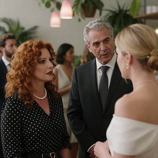 Three People Conversing at Indoor Event