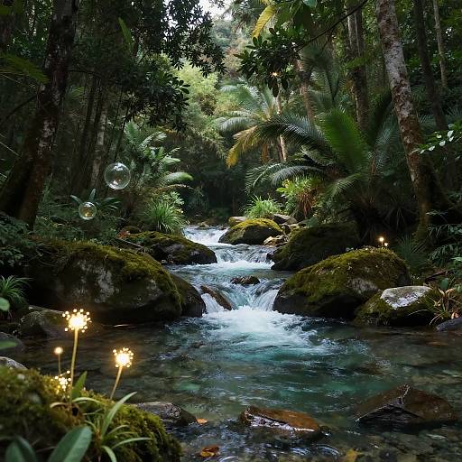 Photograph of a lush, green forest stream with cascading water, moss-covered rocks, glowing flowers, and floating bubbles, bathed in soft,