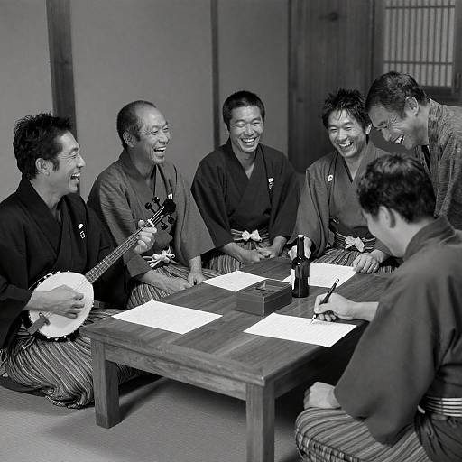 Traditional Japanese Gathering in Black and White
